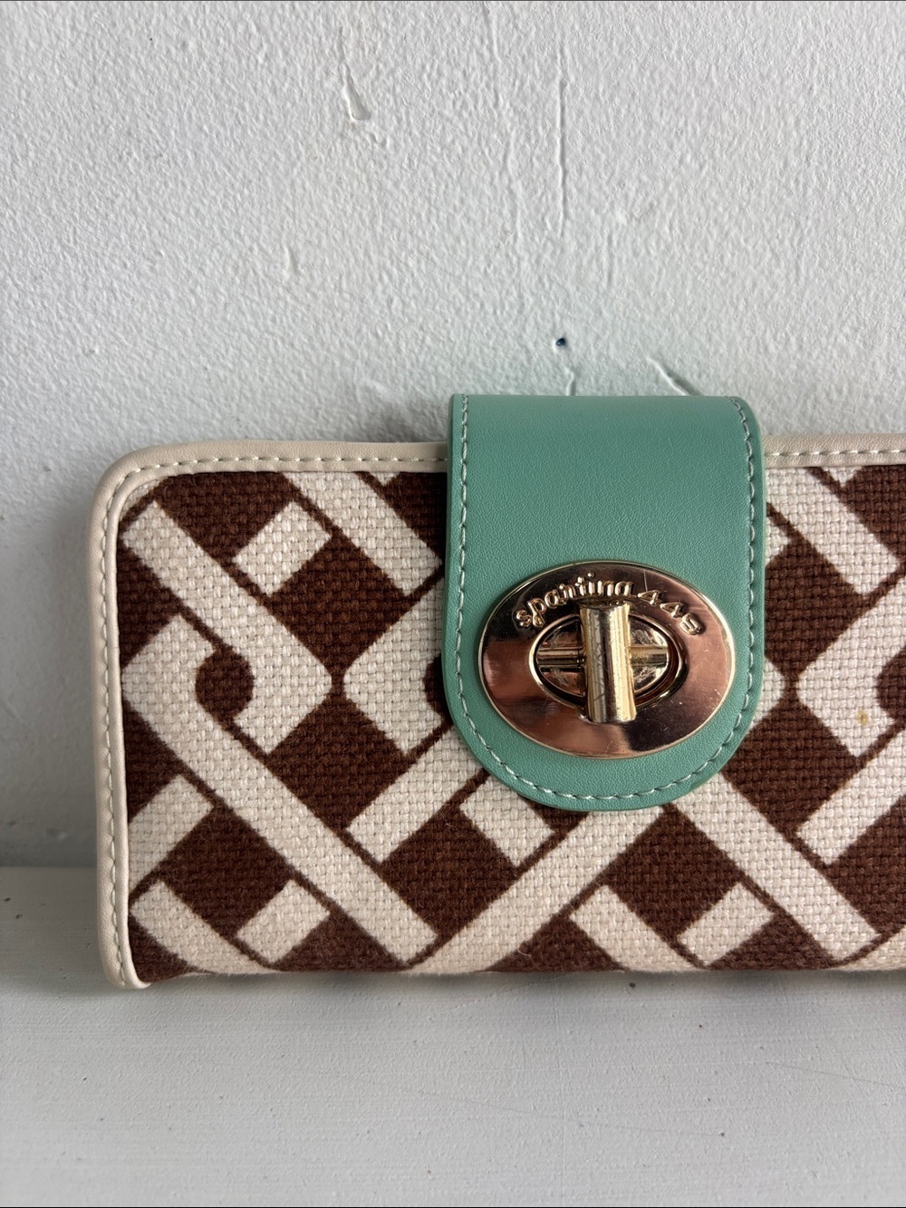 Spartina 449 Brown & Cream Geometric Wallet with Mint Strap